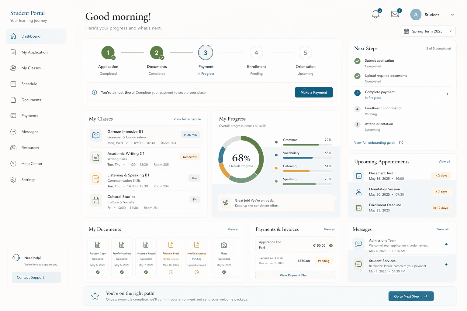 CASA student-facing dashboard for registration status and course progress