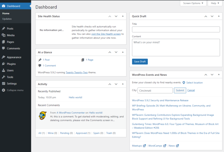 an image of wordpress dashboard